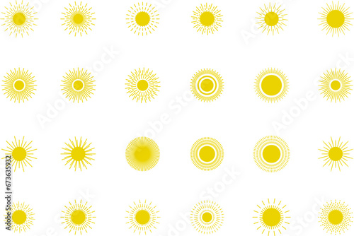 Sun icon set. Yellow sun star icons or logo collection. Summer, sunlight, sunset, sunburst. Vector illustration.