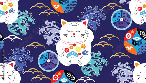 Awesome maneki-neko cats  seamless pattern  Modern cute japanese template texture with lucky charms - Maneki Neko Vector flat trendy illustration