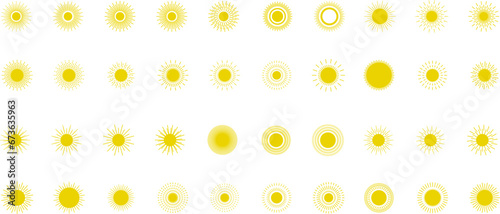 Sun icon set. Yellow sun star icons or logo collection. Summer  sunlight  sunset  sunburst. Vector illustration.