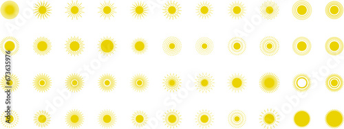 Sun icon set. Yellow sun star icons or logo collection. Summer, sunlight, sunset, sunburst. Vector illustration.