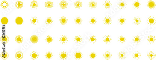 Sun icon set. Yellow sun star icons or logo collection. Summer, sunlight, sunset, sunburst. Vector illustration.