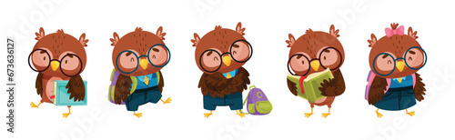 Funny Smart Owl Character Engaged in Study and Education Vector Set