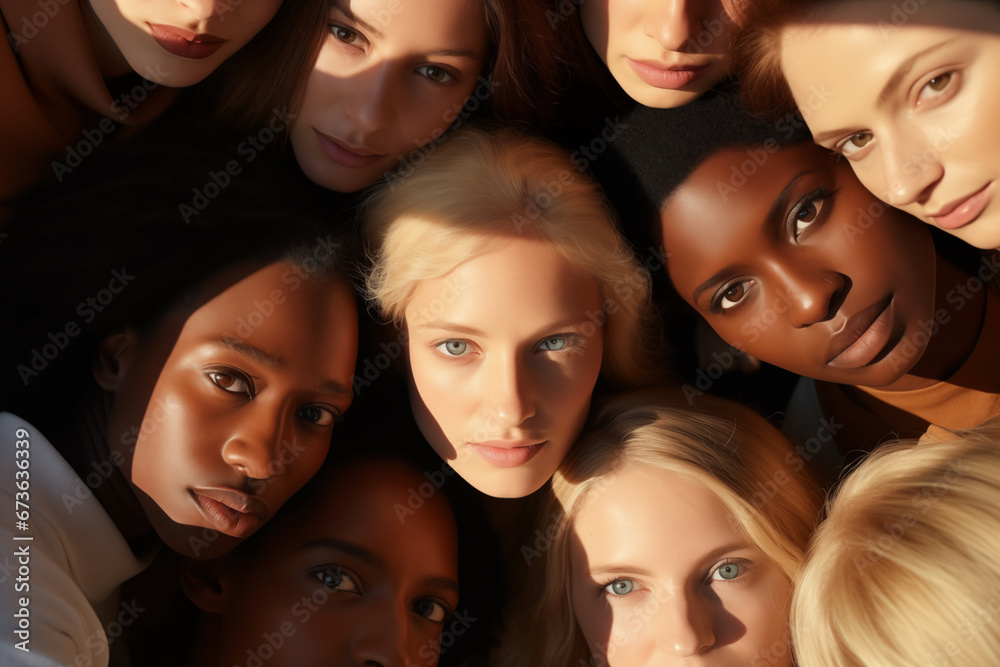 Fototapeta premium Photo of multiracial female faces view from top