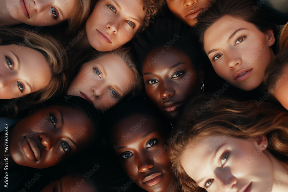 Obraz premium Photo of multiracial female faces view from top