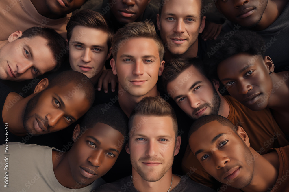 Photo of multiracial male faces view from top