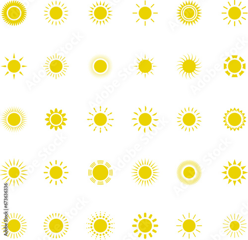 Sun icon set. Yellow sun star icons or logo collection. Summer, sunlight, sunset, sunburst. Vector illustration.