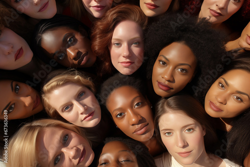 Photo of multiracial female faces view from top
