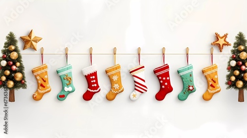 White empty background with a Christmas boots decorations. Copy space for text. Good for banners