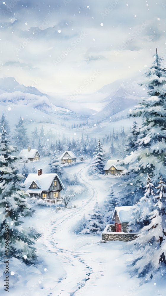 Fototapeta premium Minimalistic winter panoramic landscape with Copy space, illustration watercolor style.