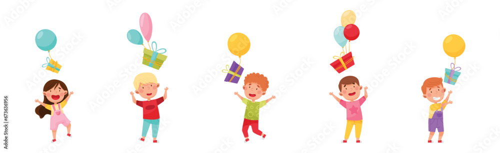 Happy Kid Characters Catching Gift Box with Balloon Vector Set Happy Kid Characters Catching Gift Box with Balloon Vector Set