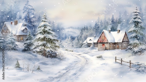 Minimalistic winter panoramic landscape with Copy space, illustration watercolor style.