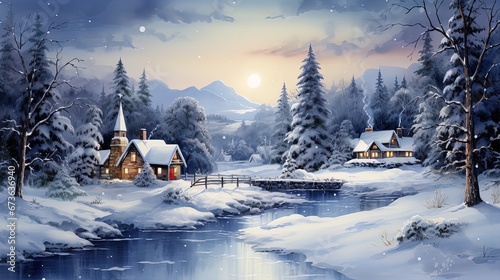 Minimalistic winter panoramic landscape with Copy space, illustration watercolor style. © Irina