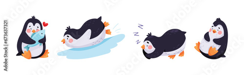 Cute Penguin Character Engaged in Different Activity Vector Set