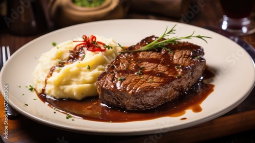 Beef steak with mashed potatoes on wooden table in the restaurant, Generative Ai