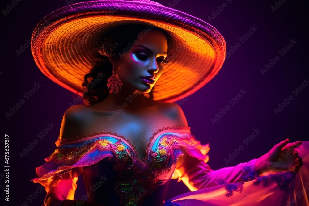 Fabulous Cinco de Mayo female dancer in neon light. Beautiful female model in traditional costume and sombrero dancing..Generative AI, Generative AI