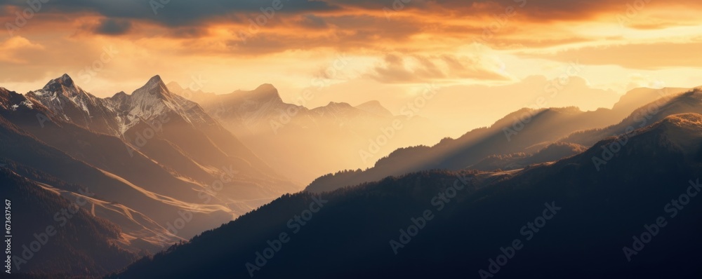 banner of mountain peaks in beautiful sunset light, Generative AI