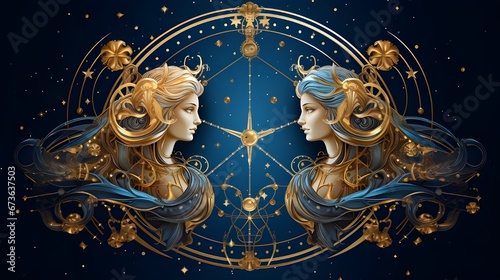 Gemini zodiac sign with golden design and blue background