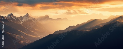 banner of mountain peaks in beautiful sunset light, Generative AI