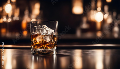 Glass of elegant whiskey with ice cubes on a bar counter.