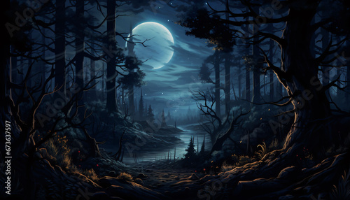 An Enchanting Night Time Forest Illustration  Where Moonlight and Shadows Create a Mystical World of Silent Beauty and Natural Splendor