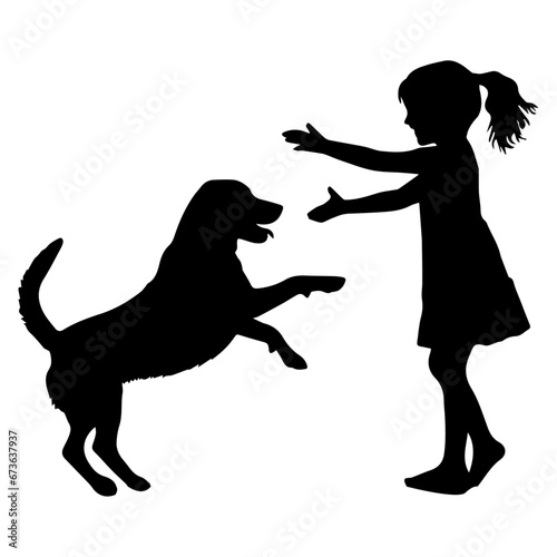 Child Play with dog vector silhouette illustration