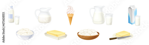 Different Dairy Food and Fresh Products Vector Set