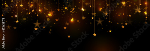 Glowing golden hanging stars and shiny particles abstract background. New Year and Christmas vector graphic banner design