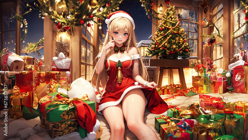 Beautiful girl in Santa Claus clothes over snowy background. Christmas.