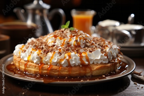 Close-up of a delicious pumpkin pie with whipped cream topping, ready to be served for dessert, Generative AI