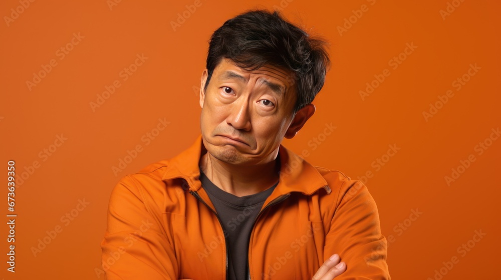 Unhappy expression angry, upset, frustrated, doubt face of Asian man on orange background, middle shot of middle-aged male with extreme unhappy with many wrinkle on face looking at camera Unhappy expression angry, upset, frustrated, doubt face of Asian man on orange background, middle shot of middle-aged male with extreme unhappy with many wrinkle on face looking at camera