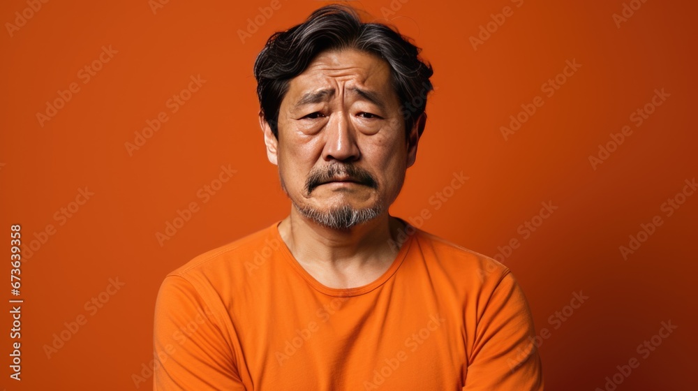 Unhappy expression angry, upset, frustrated, doubt face of Asian man on orange background, middle shot of middle-aged male with extreme unhappy with many wrinkle on face looking at camera Unhappy expression angry, upset, frustrated, doubt face of Asian man on orange background, middle shot of middle-aged male with extreme unhappy with many wrinkle on face looking at camera