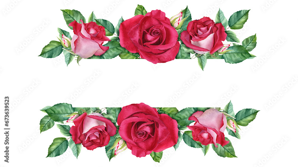 Horizontal banner, border, frame with red rose blooms, buds and leaves. Watercolor Illustration for cards, invitation Horizontal banner, border, frame with red rose blooms, buds and leaves. Watercolor Illustration for cards, invitation
