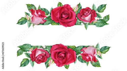 Horizontal banner, border, frame with red rose blooms, buds and leaves. Watercolor Illustration for cards, invitation