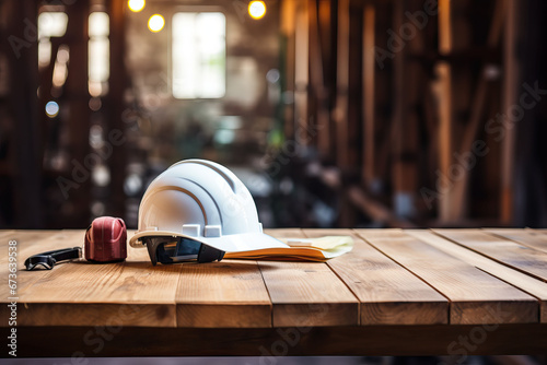 Architectural blueprint and helmet on the table at the construction site