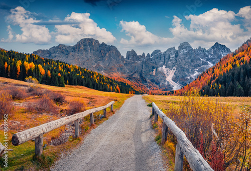 Empty country road on Venegia valley, high altitude Dolomite valley natural park with jagged peaks, rolling meadows, pastures and streams. Stunning morning scene of Italian countryside.