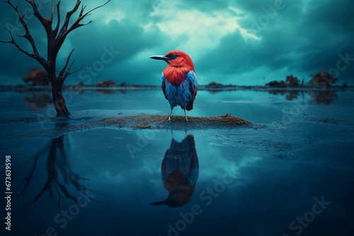 Red blue bird on lake swamp Fototapeta