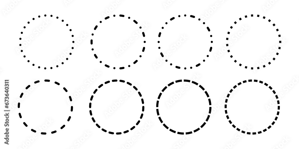 Dashed and dotted circle icon. Black and white broken rings. Dotted round lines. Abstract monochrome graphic. Dashed cut circle line. Vector illustration isolated on white background. - obrazy, fototapety, plakaty 