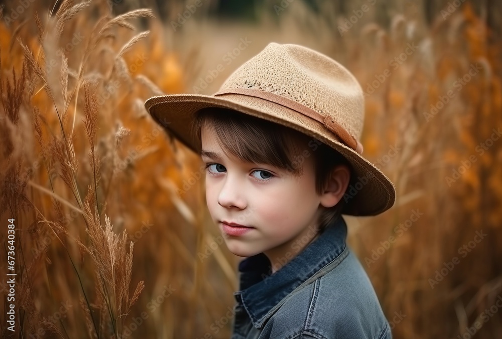 Boy hat autumn portrait. Outside park season foliage fall. Generate Ai Boy hat autumn portrait. Outside park season foliage fall. Generate Ai
