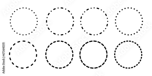 Dashed and dotted circle icon. Black and white broken rings. Dotted round lines. Abstract monochrome graphic. Dashed cut circle line. Vector illustration isolated on white background.