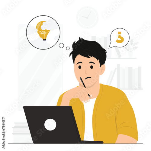 Flat vector man thinking searching idea innovation concept illustration