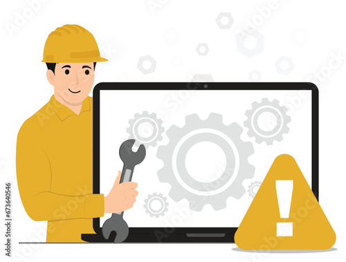 Flat vector computer repair or service fixing huge broken troubleshooting maintenance