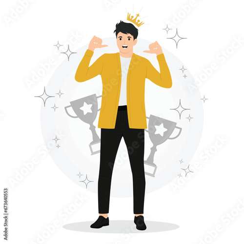 Flat vector man point at himself with two thumbs gesturing self proud self confidence victory