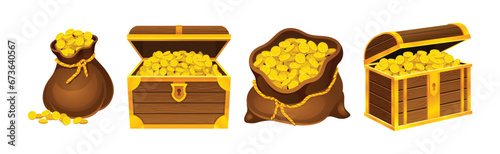Riches and Golden Coins in Wooden Chest and Sack Vector Set