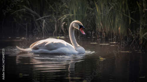 swan in the water near the edge of grass