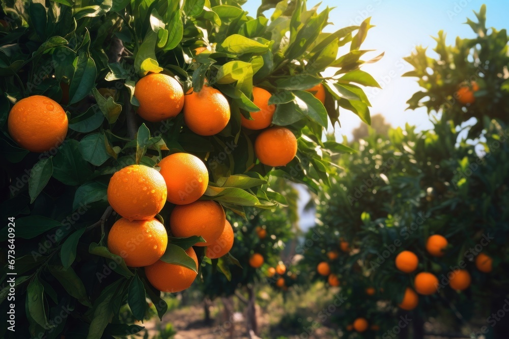 ripe oranges on orange trees, Generative AI