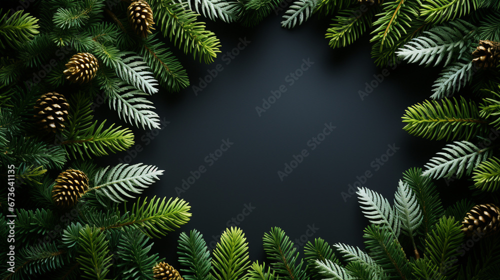 Merry Christmas - background with conifer wreath and New Year decorations with place for text Merry Christmas - background with conifer wreath and New Year decorations with place for text