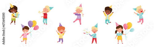 Kid Characters at Birthday Party in Cone Hat with Gift Box Celebrating Holiday Vector Set