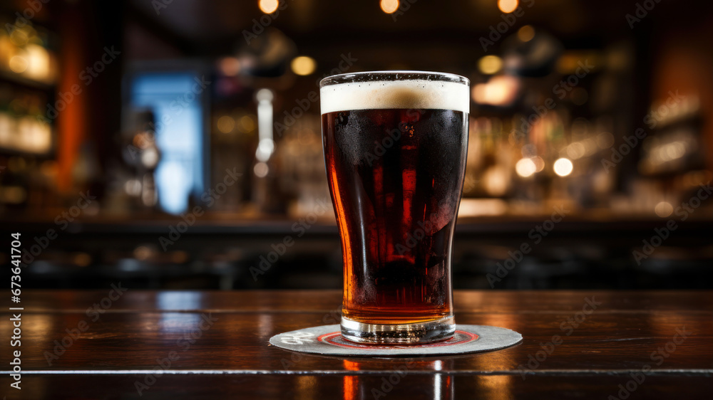 Glass of dark beer on a bar counter in a pub or restaurant