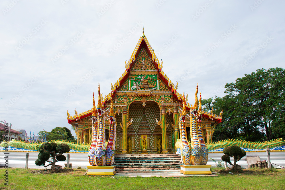 Beautiful ancient ordination hall or beauty antique ubosot for local thai people travel visit respect praying blessing wish buddha holy mystery at Wat Saen Suk or Saen Suk temple in Ang Thong Thailand