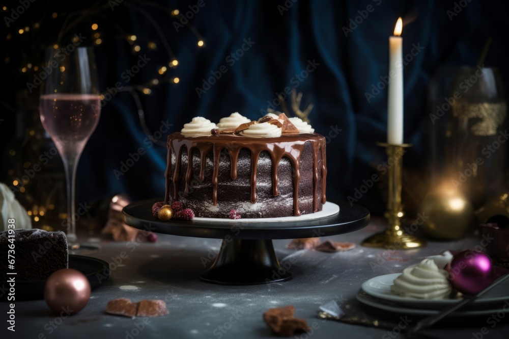 Christmas winter cake burning candles. Cream pastry recipe sweet festive. Generate Ai